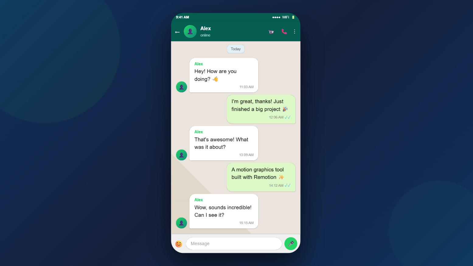 WhatsApp-style chat animation, messages appear sequentially with typing indicator, clean mobile UI, smooth motion.