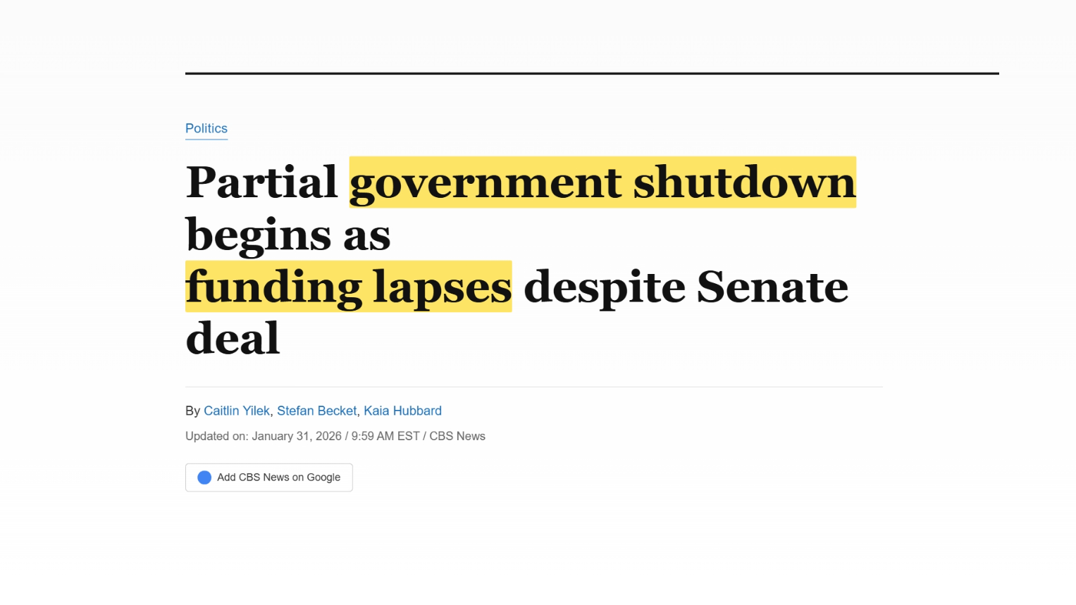 White background news article animation. Bold serif headline reads "Partial government shutdown begins as funding lapses despite Senate deal." Yellow highlighter sweeps left-to-right over "government shutdown" and "funding lapses." Author names and date fade in below.